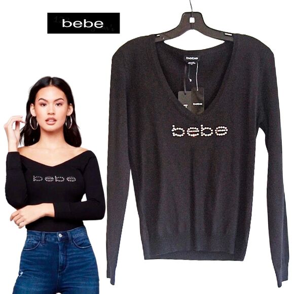 bebe NEW Glam Crystals Embellished V-Neck Rib Trim Pullover Sweater XS - Picture 1 of 12